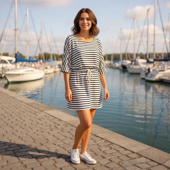 GAP Size L Cotton Knit Ivory Gray Striped Nautical Dress Rope Bow Belt R $69 - Picture 1 of 11